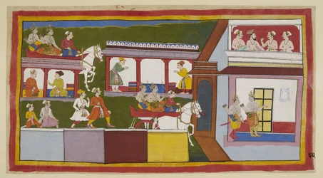 Lägg till 15296 (1) f.85r, Prinsarna i sin vagn kör genom huvudgatan i Ayodhya och undrar över förändringen i staden sedan de lämnade den, och går sedan in i palatset med ifrågasättande gester. I ett övre rum samlas en brahmin och tre ministrar