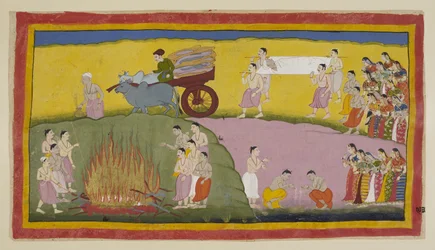 Lägg till 15296 (1) f.93r, Dasarathas kropp har tagits bort från kitteln med olja och förs nu på en kull, buren av fyra män, till den brinnande marken på stranden av floden Saray?. Den föregås av en tjurvagn lastad med ved och följs av th