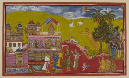 Lägg till 15296 (2) f.14r, Sugriva och hans allierade har kommit till Balis palats i Kiskindha. Sugriva vrålar sin utmaning till sådan effekt att fåglarna faller upp från himlen av skräck. Bali, hans drottning Tara och hans ministrar har dök upp när de hör