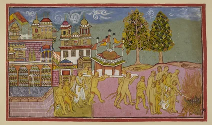Lägg till 15296 (2) f.25r, Balis kropp, täckt i vitt, bärs i en kupolformad och flaggad palanquin från palatset och konsumeras i ett begravningsbål, med Sugriva och Angada som leder begravningsriterna.