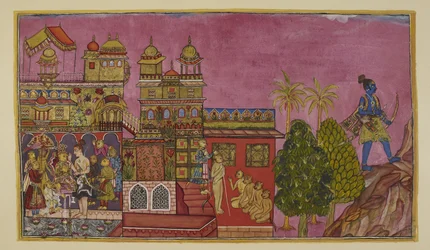 Lägg till 15296 (2) f.27r, Sugriva installeras som kung i palatset, och Angada som kronprins och arvtagare till kungariket Kiskindha, med Laksmana närvarande, medan Rama drar sig tillbaka till berget Prasravana för att tillbringa regnperioden där.