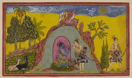 Lägg till 15296 (2) f.30r, På berget Prasravana väntar de två prinsarna till höstens ankomst och säsongen på att gå ut i krig, medan de frossar i skönheten i floran och faunan på berget och underverken i regnperioden. Men en gång enthr