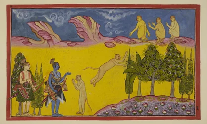 Lägg till 15296 (2) f.3r, Sugriva är först rädd och tror att dessa beväpnade krigare har skickats av hans tillranande bror Bali för att förgöra honom. Han skickar sin kloke minister Hanuman för att få reda på mer om de två främlingar. Hanuman presenterar s