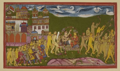 Add 15296 (2) f.43r, Sugriva och Laksmana transporteras i en gyllene kull, buren av apor, från Kiskindha