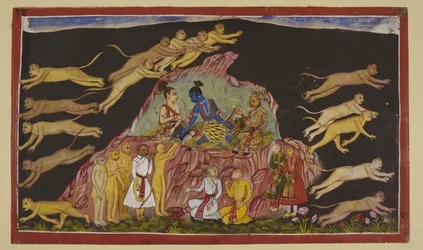 Add 15296 (2) f.49r, Rama, Laksmana och Sugriva sitter på en klippig höjd. Sugriva delar sina väldiga styrkor i fyra och sänder ut dem för att söka efter Sita i de fyra väderstrecken. För varje truppledare beskriver han terrängen de kommer att möta