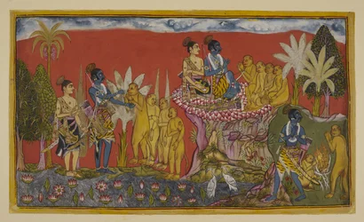 Lägg till 15296 (2) f.5r, Hanuman för nu Rama och Laksmana till Sugrivas närvaro på berget. Rama och Sugriva knäpper händerna som ett tecken på deras vänskapslöfte, iakttagna av Laksmana och de andra aporna; och sedan, i en liknande anda, går de två