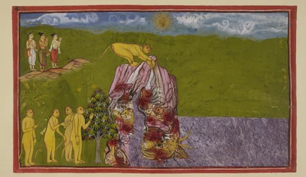 Lägg till 15296 (2) f.81r, På det stora havets stränder var aporna förskräckta över hur de kunde korsa den för att nå La?k?. Angada frågade dem alla hur långt de kunde hoppa, men ingen var säker på att hoppa så långt, förrän Jambavan uppmanade Hanuman, s