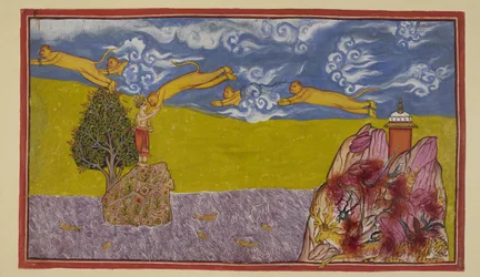 Lägg till 15296 (2) f.84r, Oförskräckt av havets bredd, sväller Hanuman sig själv till en ofantlig storlek och använder det fortfarande brinnande berget Mahendra som avfyringsramp och kastar sig ut i rymden och över havet till öriket La ?k?. The Ocean enco