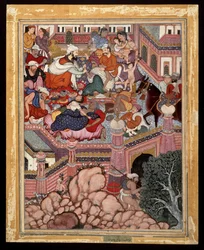 Amr, förklädd till kirurgen Mazmahil, utövar kvacksalveri på trollkarlarna i Antali, ca. 1570 (ogenomskinlig akvarell och guld på bomull)