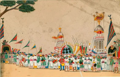 Indisk konst: Gouache procession cirka 1800 Dim 15x23,7 cm Privat samling