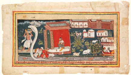 Baby Krishna bärs till säkerhet, 1600-25 (ogenomskinlig wc på papper)