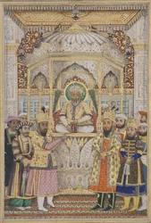 Bahadur Shah II i Darbar, ca 1837 (ogenomskinlig wc & guld på papper)