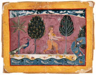 Balarama med sin plogbill vid Jamnafloden, ca 1590-1600 (ogenomskinlig wc & guld på papper)