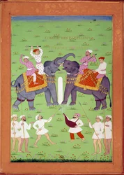 Slaget om två elefanter vid Shah Alems hov Indiska och persiska miniatyrer i "History of India from Tamertante to Orangreyb"" av Niccolo Manucci (1638-1717). B.N., Paris.