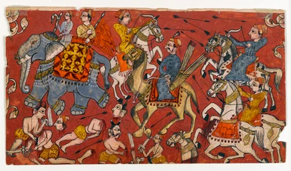Stridsscen från en Bhagavata Purana-serie, ca 1625-50 (akvarell & guld på papper) (recto av 499330)