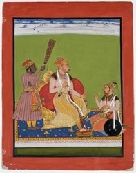 Bhao Singh tronade med en adelsman vid sina fötter, ca 1680 (ogenomskinlig wc & guld på papper)