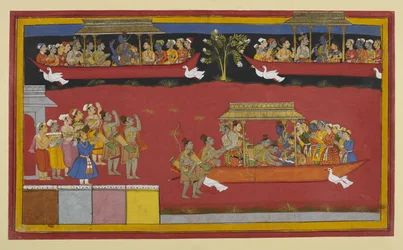 Bharata och Śatrughna hälsar på Rāma och Sītā när Puṣpaka ger sig av