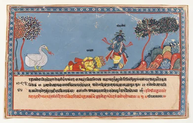 Brahma tillber Krishna, sida från a Dispersed Bhagavata Purana Series, c.1800 (ogenomskinlig wc på papper)