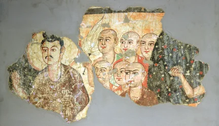Buddha med sina sex lärjungar, från Miran, målning från 300- och 400-talet (väggmålning)