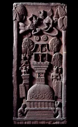 Buddhism: Mahaparinirvana eller Parinirvana, slutet på Buddhas jordiska existens, uppnåendet av nirvana (Parinirvana, slutligt nirvana, som inträffar vid Buddhas kropps död), detalj av stupan i Bharhut (Barhut, Barouth), svart basrelief