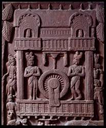 Buddhism: "" Prasenjits sista besök i Buddha" (Prasanjits sista besök i Buddha) detail du stupa de Bharhut (Barhut, Barouth) Lågrelief av svart sten, 2:a århundradet f.Kr. (2:a århundradet f.Kr.) - Kolkata, indiskt museum