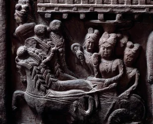 Buddhism: "" Prasenjits sista besök i Buddha" (Prasanjits sista besök i Buddha) detail du stupa de Bharhut (Barhut, Barouth) Lågrelief av svart sten, 2:a århundradet f.Kr. (2:a århundradet f.Kr.) - Kolkata, indiskt museum