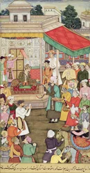CBL Om 03.54 tar Akbar (r.1556-1605) emot gåvor från ambassadörerna i Badakhshan, från Akbarnama, ca 1605