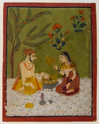 Par sittande under ett träd, ca 1700 (wc & guld på papper)