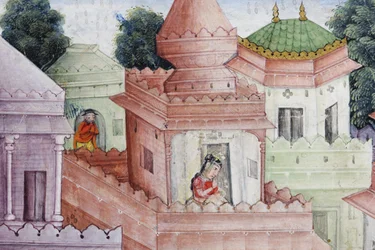 Detalj från Krishna klyver demonen Narakasura med sin diskus, ca 1585-90 (ogenomskinlig wc & guld på papper)