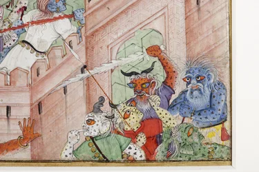 Detalj från Krishna klyver demonen Narakasura med sin diskus, ca 1585-90 (ogenomskinlig wc & guld på papper)