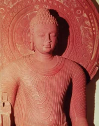 Detalj av en Buddha, från Jamalpur (sten)