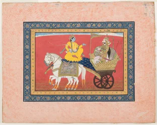 Dialog mellan Krishna och Arjuna på slagfältet i Kurukshetra, ca 1820 (ogenomskinlig akvarell och guld på papper)