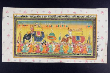 Dignitärer rider på ryggen av en elefant i en howdah där en mahout eller elefantförare besöks, Rajasthani miniatyrmålning