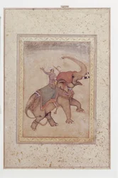 Elefant och mahout (elefantförare), ca. 1595-1600
