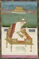 kejsar Aurangzeb; baksida: kalligrafisk panel, fristående albumfolio med målning, 1619