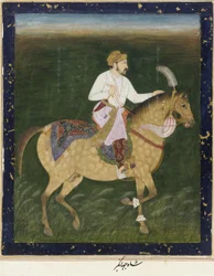 Ryttarporträtt av Jahangir, fristående albumfolio med målning, ca 1900