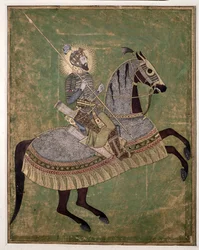 Ridsporträtt av Aurangzeb, ca. 1680 (akvarell, gouache och guld)