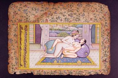 Erotisk scen i en lyxig boudoir, Rajasthani-miniatyrmålning