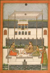 Kvällsfest i trädgården till ett Mughal-palats, Lucknow eller Murshidabad, Västbengalen, 1760