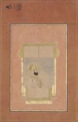 Farrukh Siyyar sittande vid ett fönster, med en guldsarpech, ca 1715 (ogenomskinlig wc & guld på papper)