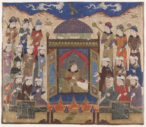 Folio ur en Shahnama (Kungabok) av Firdawsi (d.1020); Kay Khusraw Parwez sittande på Takht-i Taqdis, möjligen Indien, ca 1425-50 (opak akvarell och guld på papper)