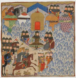 Folio från en Shahnama (Kungarnas bok) av Firdawsi (d.1020); Rustam Encamped, möjligen Indien, ca 1425-50 (ogenomskinlig akvarell och guld på papper)