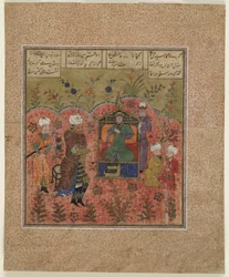 Folio från en Shahnama (Kungarnas bok) av Firdawsi (d.1020); Rustam före Kay Kaus (ogenomskinlig akvarell, bläck och guld på papper)