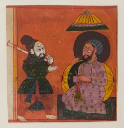 Fragment av en sida från en Markandeya Purana-serie, c.1625 (ogenomskinlig wc & guld på papper)