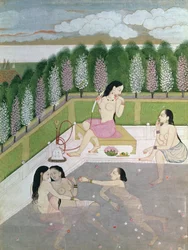Badande flickor, pahari-stil, Kangra-skolan, Himachal Pradesh, 1700-talet