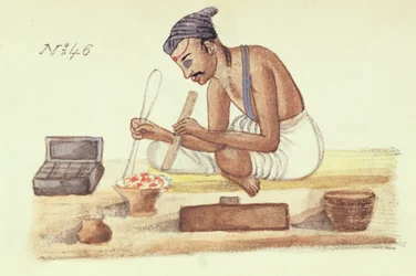 Goldsmith, från "A Digest of the different Castes of India", av Venkata Ramasvani, publicerad Madras 1837 (färg litho)