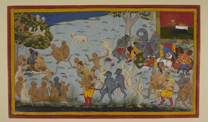 Hanumān och Vibhīṣaṇa för den skadade Lakṣmaṇa till Rāma, som helar honom