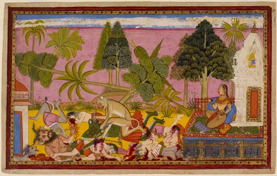 Hanumān angriper demonerna, förstör lustträdgården och besegrar Rāvaṇas styrkor medan Sītā ser på. 1653