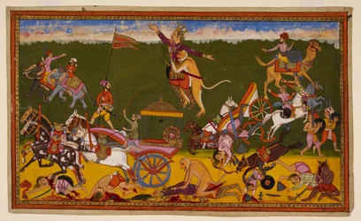 Hanumān besegrar Rāvaṇas fem generaler och dödar hans son Akṣa, vilket får Rāvaṇas trupper att fly. 1653 (miniatyr)