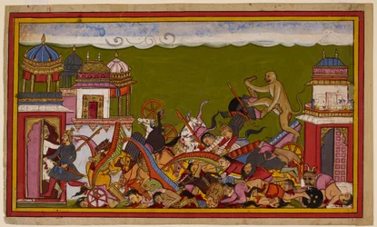 Hanumān förstör templet, besegrar Rāvaṇas styrkor och en man flyr in i staden. 1653 (miniatyr)